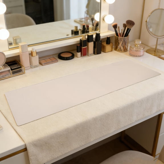 Amosfun Beige Makeup Mat for Vanity Desk, Dust-Resistant Stylish Table Cover for Cosmetics Storage