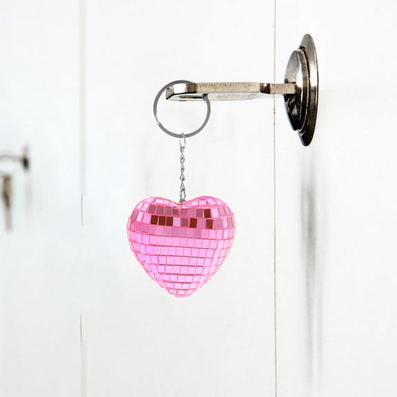 Amosfun Disco Ball Keychain Pink Plastic Heart Shaped Mirror Surface 1Pack