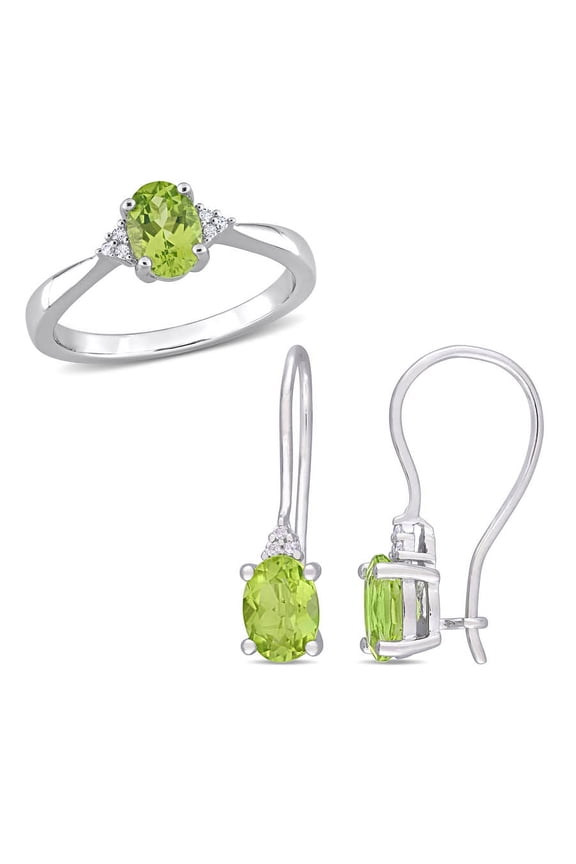 2 1/2 CT TGW Oval Peridot and Diamond Accent Ring and Euro Back Earrings Set in Sterling Silver