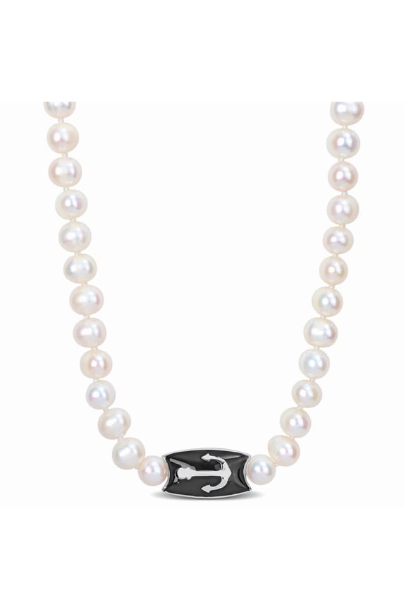 7-7.5mm Cultured Freshwater Pearl Men's Necklace with Large Lobster Clasp in Sterling Silver