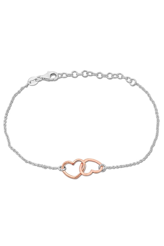 Double Heart Charm Chain Bracelet in Two-Tone White and Rose Plated Sterling Silver