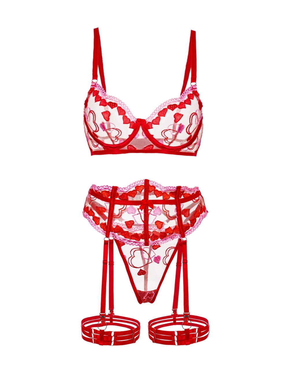 Amour Heart 3 Piece Lingerie Set (PINK, L)