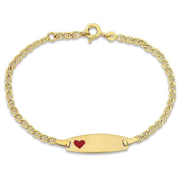 Amour Red Enamel Heart Charm Marine Link Chain ID Bracelet in 14k Yellow Gold - 5+0.5 in.