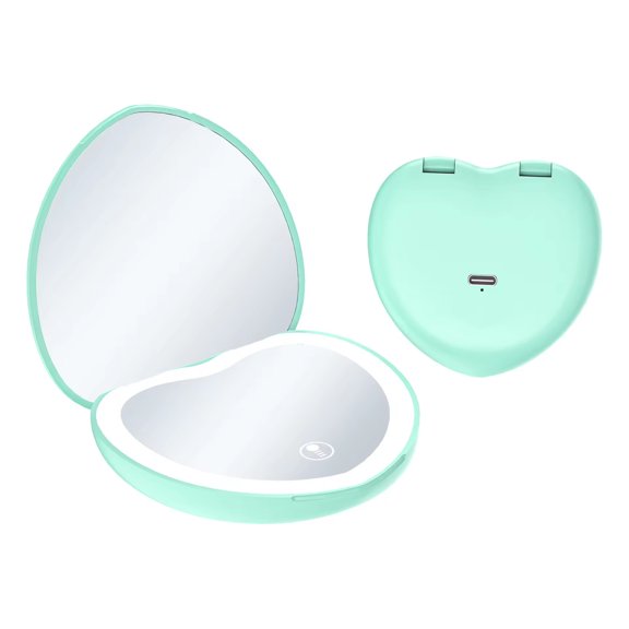 AmourGlow Heart-Shaped Compact Makeup Mirror with Smart LED Halo, Portable Travel Vanity Mirror with 3 Light Modes & 2X Magnification, Type-C Rechargeable Handheld Beauty Essential