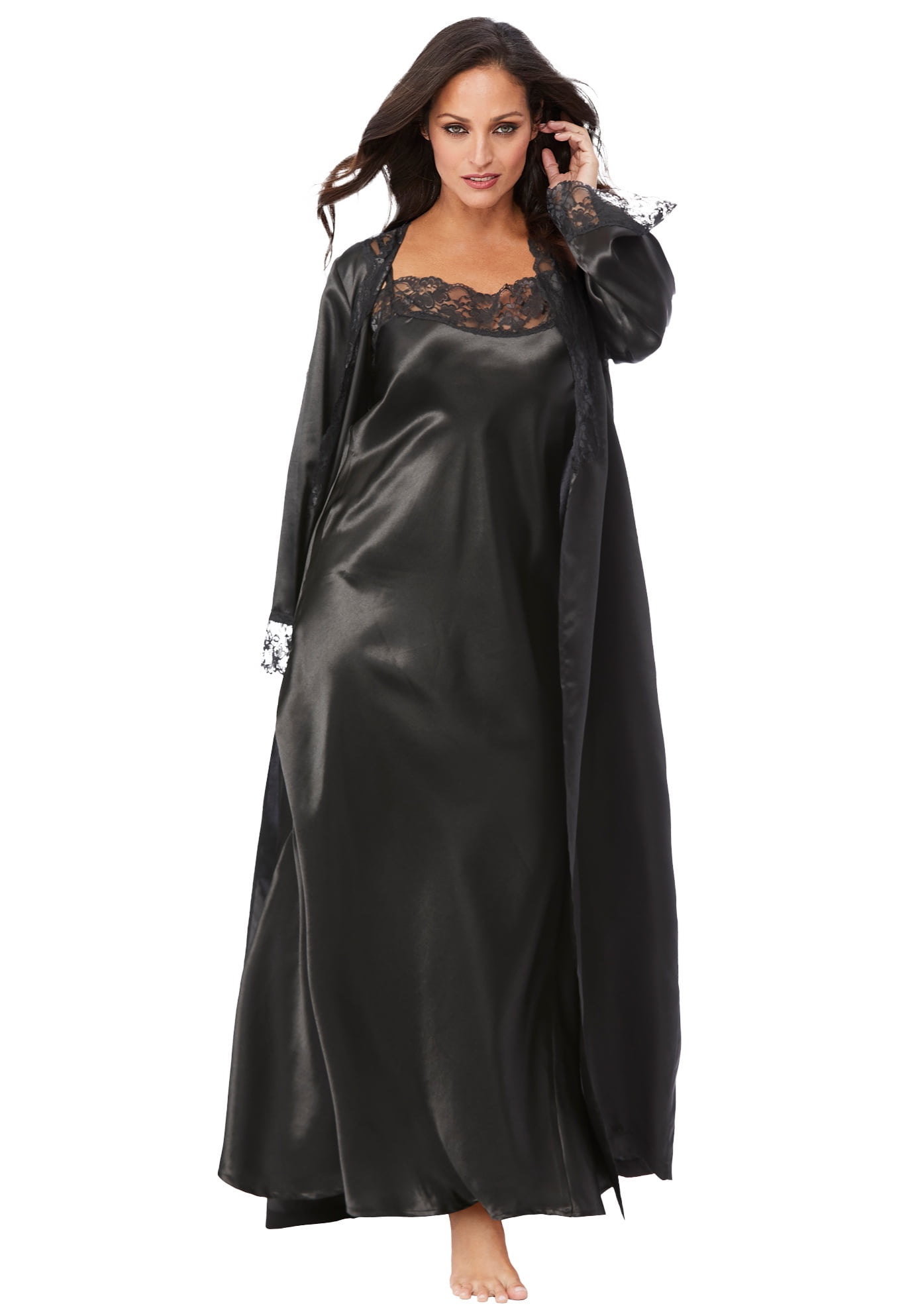 Amoureuse Plus Size Women s Luxe Satin Long Gown Robe Peignoir Set 5X Black Lingerie with Lace Trim Pajamas Walmart
