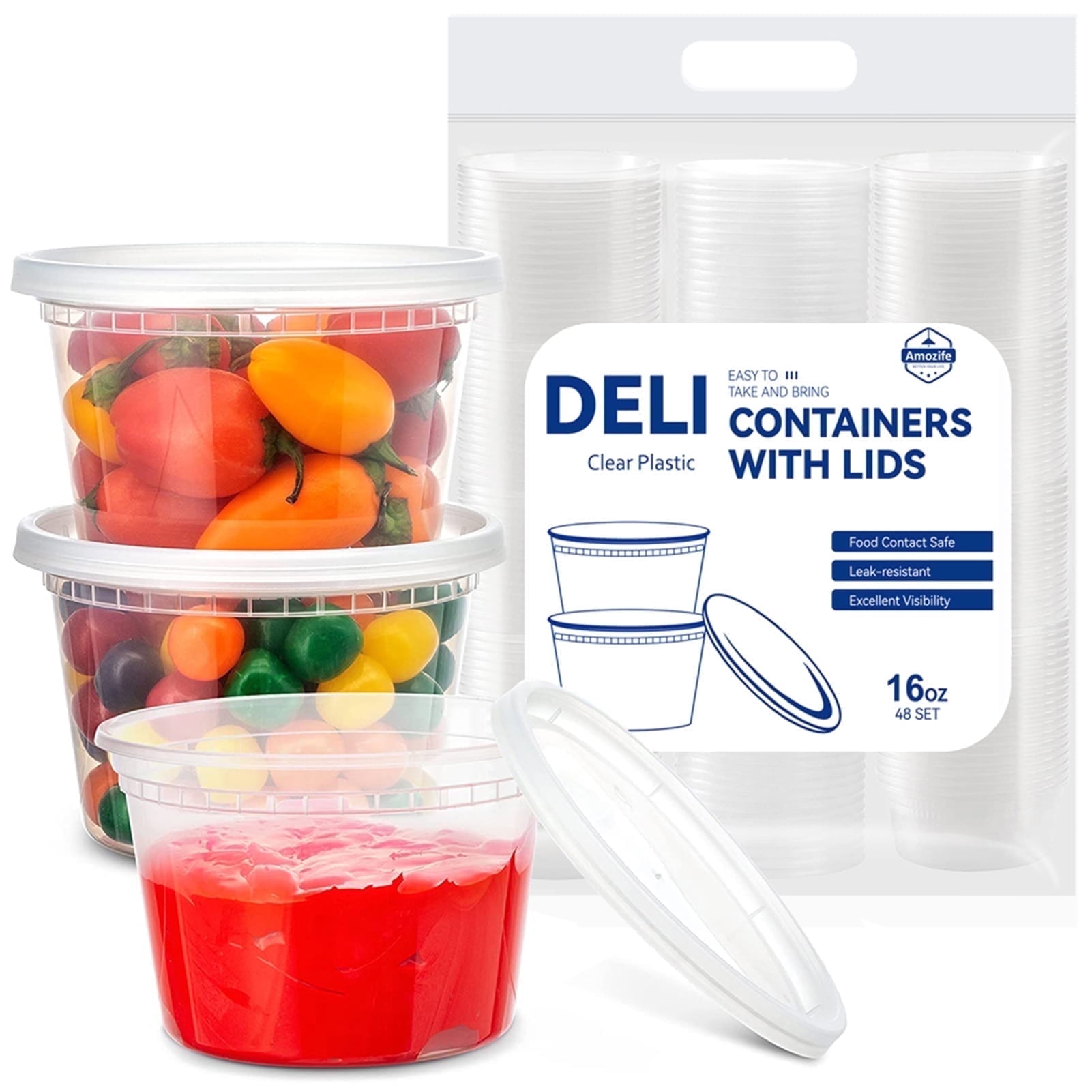 Amozife 16 oz Clear Plastic Deli Food Storage Containers with Lids, BPA ...