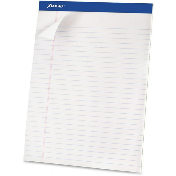 Ampad Basic Perforated Writing Pads - 50 Sheets - Stapled - 0.34" Ruled - 15 lb Basis Weight - 8 1/2" x 11 3/4" - White Paper - White Cover - Sturdy Back, Header Strip, Micro Perforated, Chipboard Bac