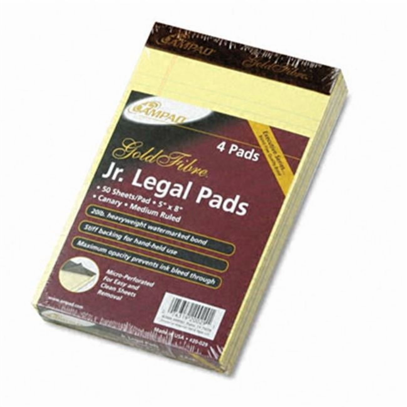 Ampad Gold Fibre Writing Pads Jr. Legal Rule 5 x 8 Canary 4 50-Sheet Pads/pk