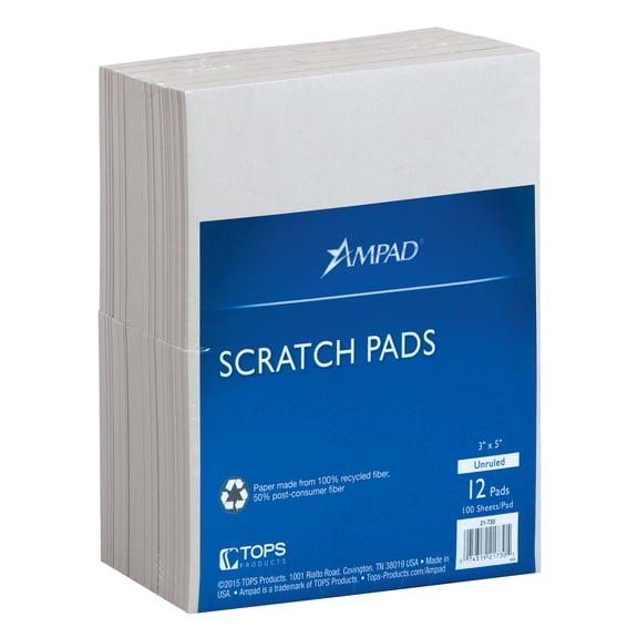 Ampad® Gum Top Recycled Scratch Pads, 3" x 5", Unruled, White, 100 Sheets per pad, 12 Pads per pack