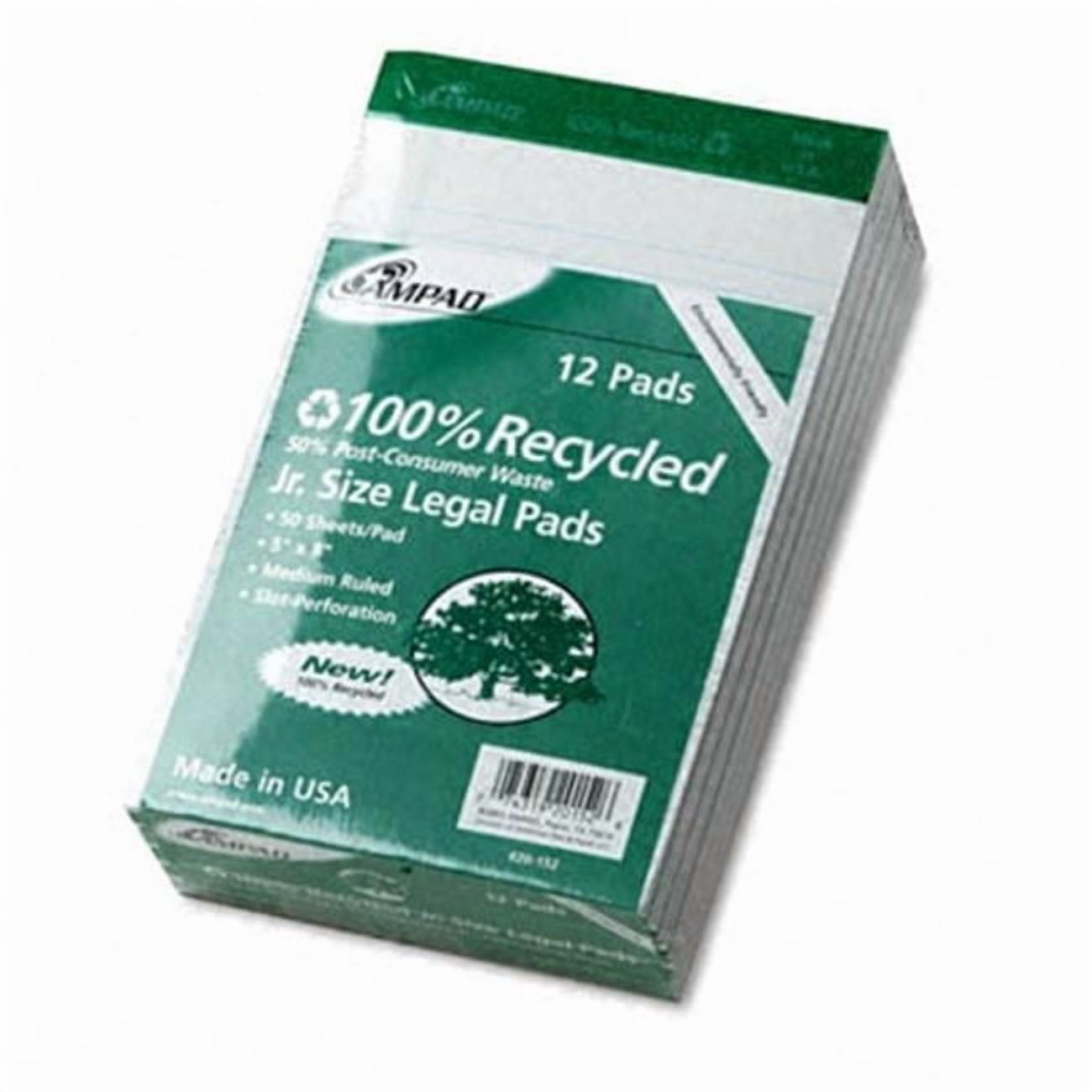 Ampad  Perforated Recycled Pads  Jr. Legal Rule  5 x 8  WE  12 50-Sheet Pads Pack