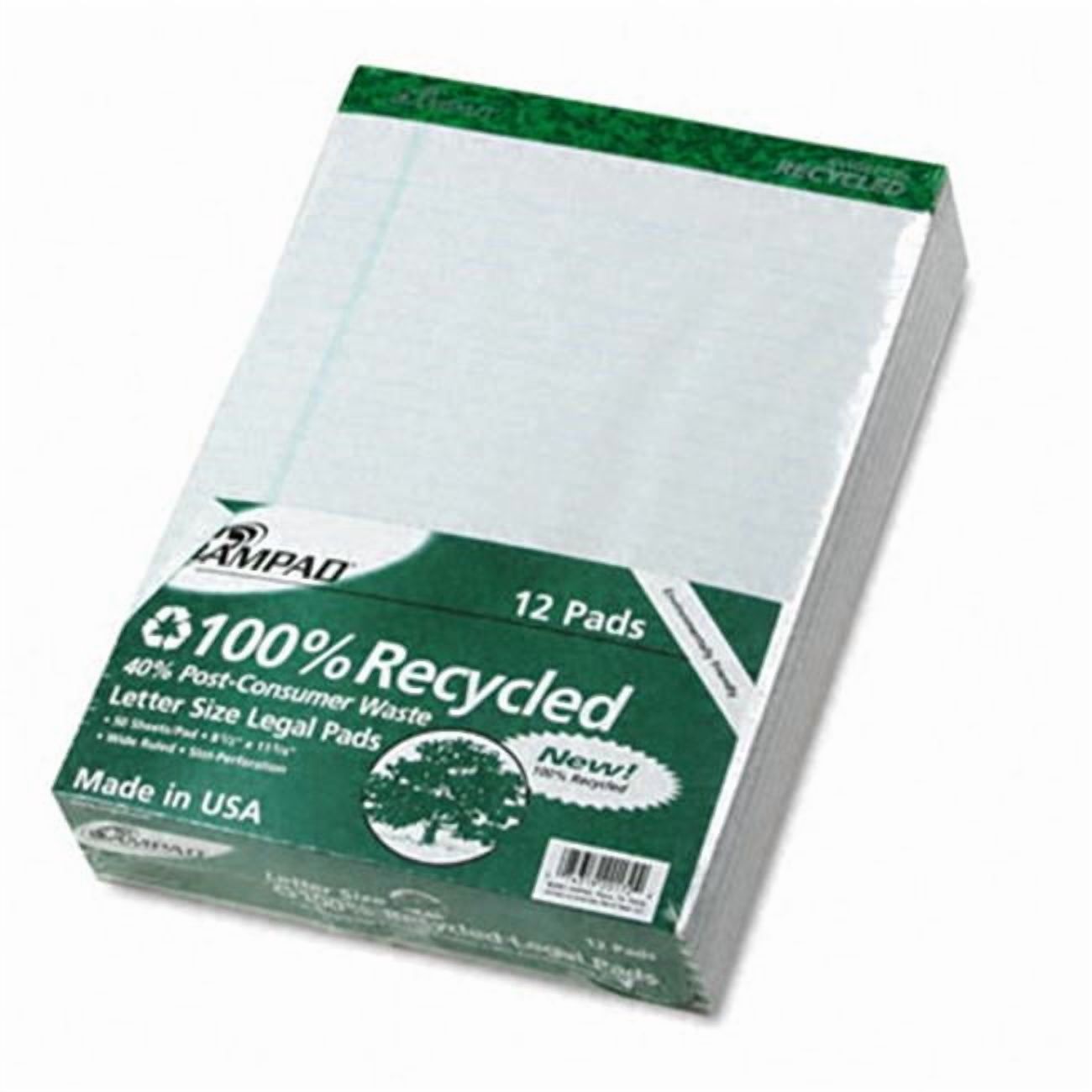 Ampad  Perforated Recycled Pads Legal/Wide Rule Ltr WE 12 50-Sheet Pads Pack - White