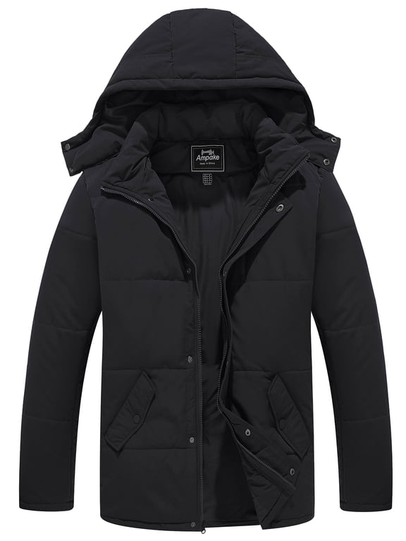 Men's Winter Coat Warm Puffer Jacket Windproof Winter Coat with Hood Black L