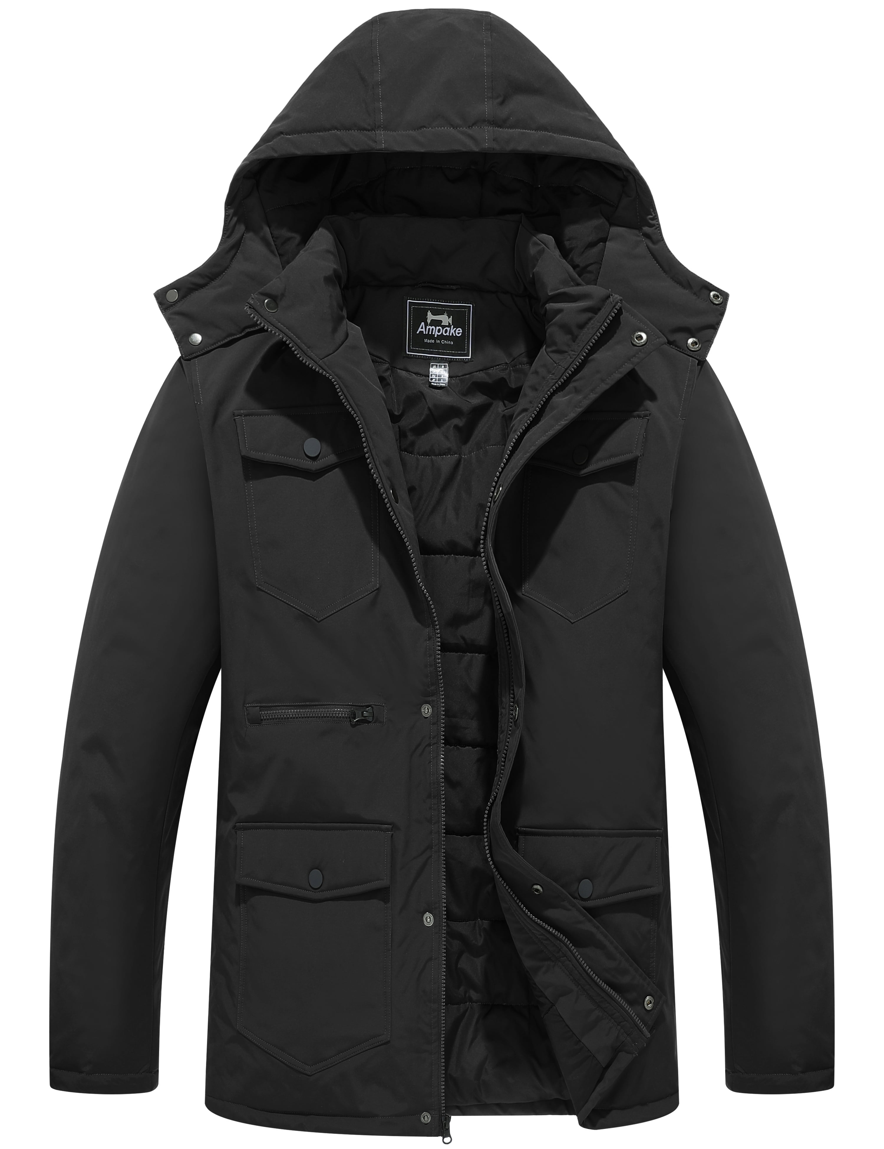 Ampake Men's Winter Cotton Padded Jacket Waterpfoof Parka Coat Black L