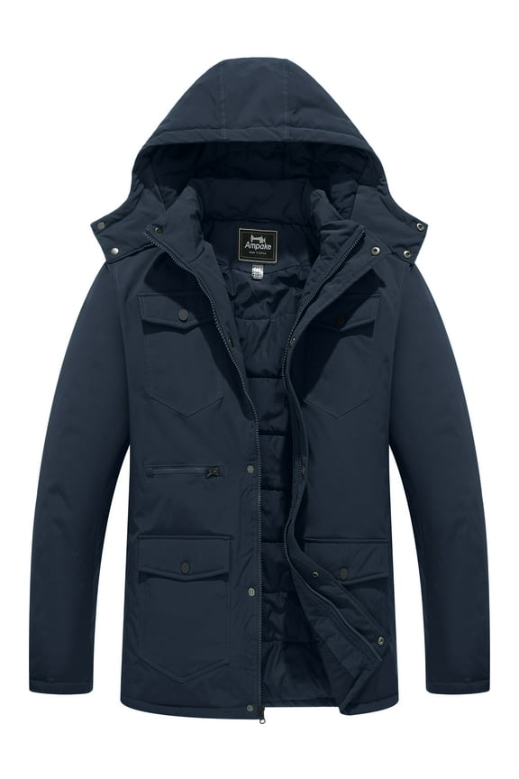 Men's Winter Puffer Jacket Thicken Outerwear Jacket with Hood Winter Coat Blue L