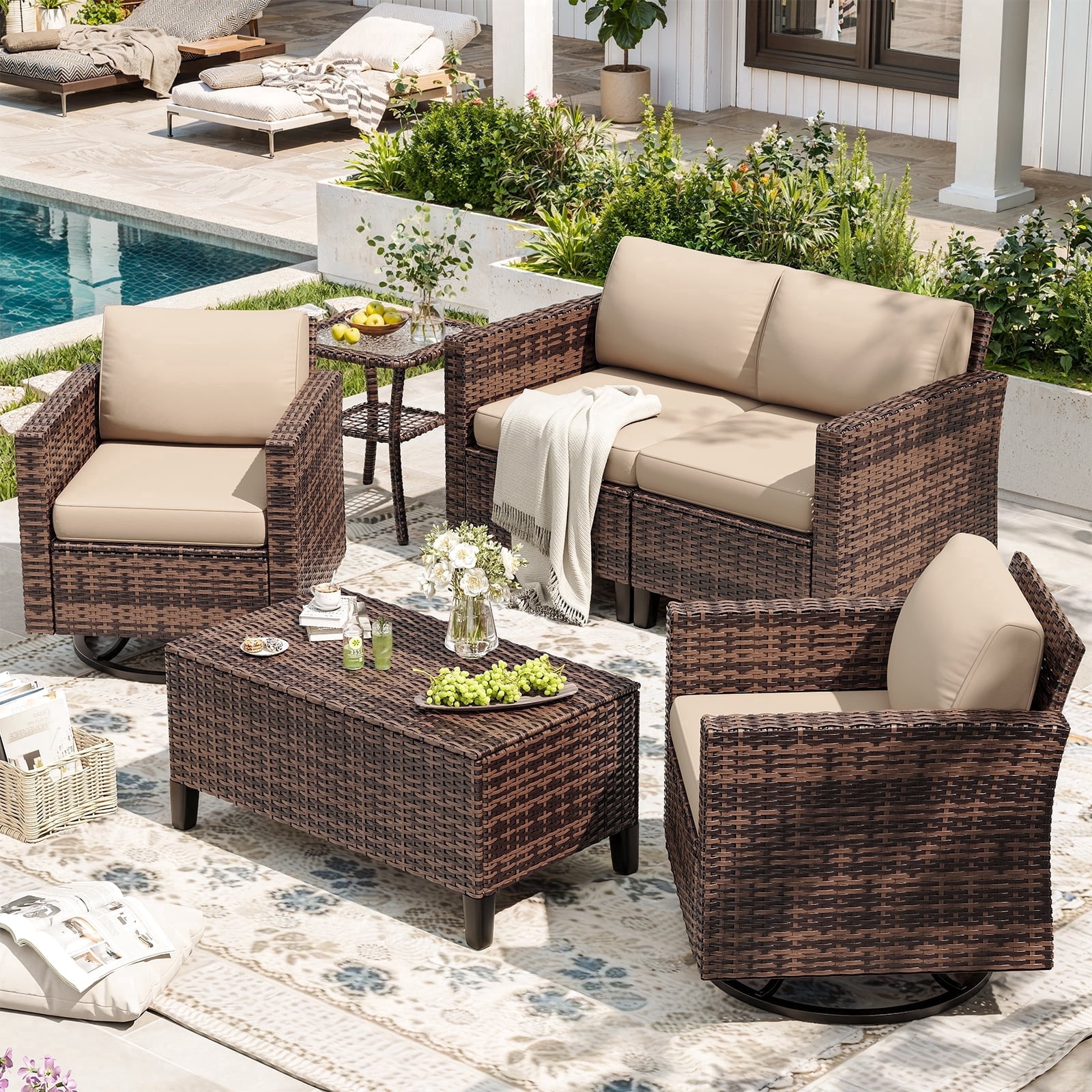 Ampatio 6 Pieces Patio Furniture Outdoor Conversation Set Rattan Wicker Outdoor Sectional Sofa with Swivel Chairs & Coffee Table, Beige
