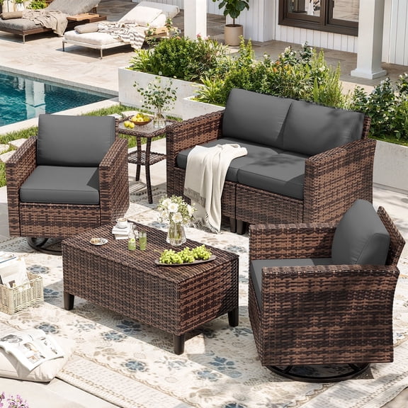 Ampatio 6 Pieces Patio Furniture Outdoor Conversation Set Rattan Wicker Outdoor Sectional Sofa with Swivel Chairs & Coffee Table, Gray