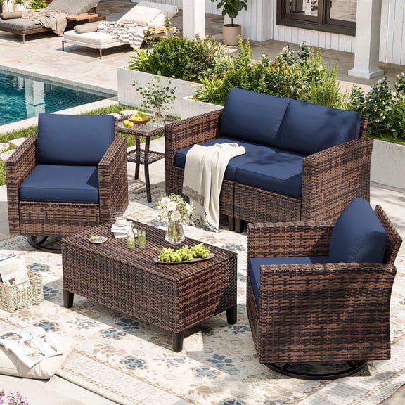 Ampatio 6 Pieces Patio Furniture Outdoor Conversation Set Rattan Wicker Outdoor Sectional Sofa with Swivel Chairs & Coffee Table, Navy Blue