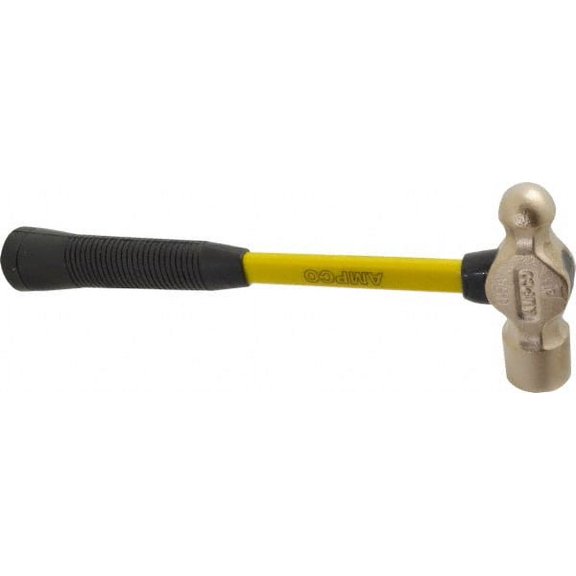 Ampco 1-1/2 Lb Head Aluminum Bronze Nonsparking Ball Pein Hammer Fiberglass Handle, 14" OAL, Fiberglass with Cushion Grip