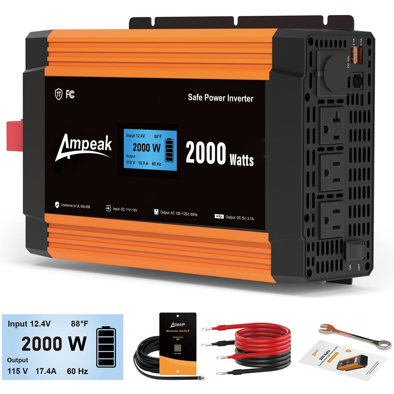 Ampeak 2000 Watt Power Inverter with Remote Control, 3 AC Outlets and USB Port DC 12V to 110V AC Car Converter, ETL certified