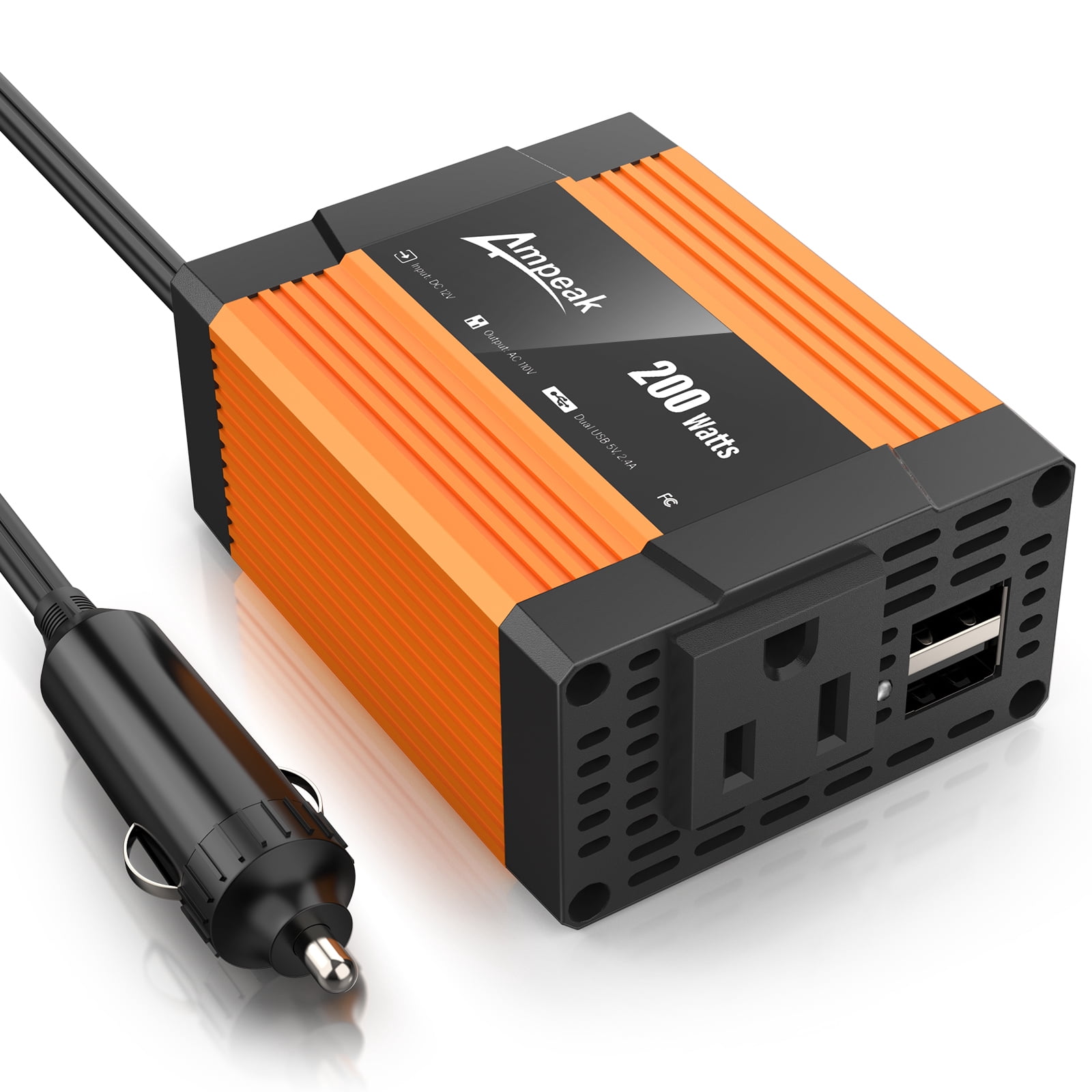 Ampeak 200W Power Inverter, Safely and Portable Car Inverter, ETL certified,4.8A Dual USB Ports 12V DC to 110 AC Car Plug Adapter, Orange