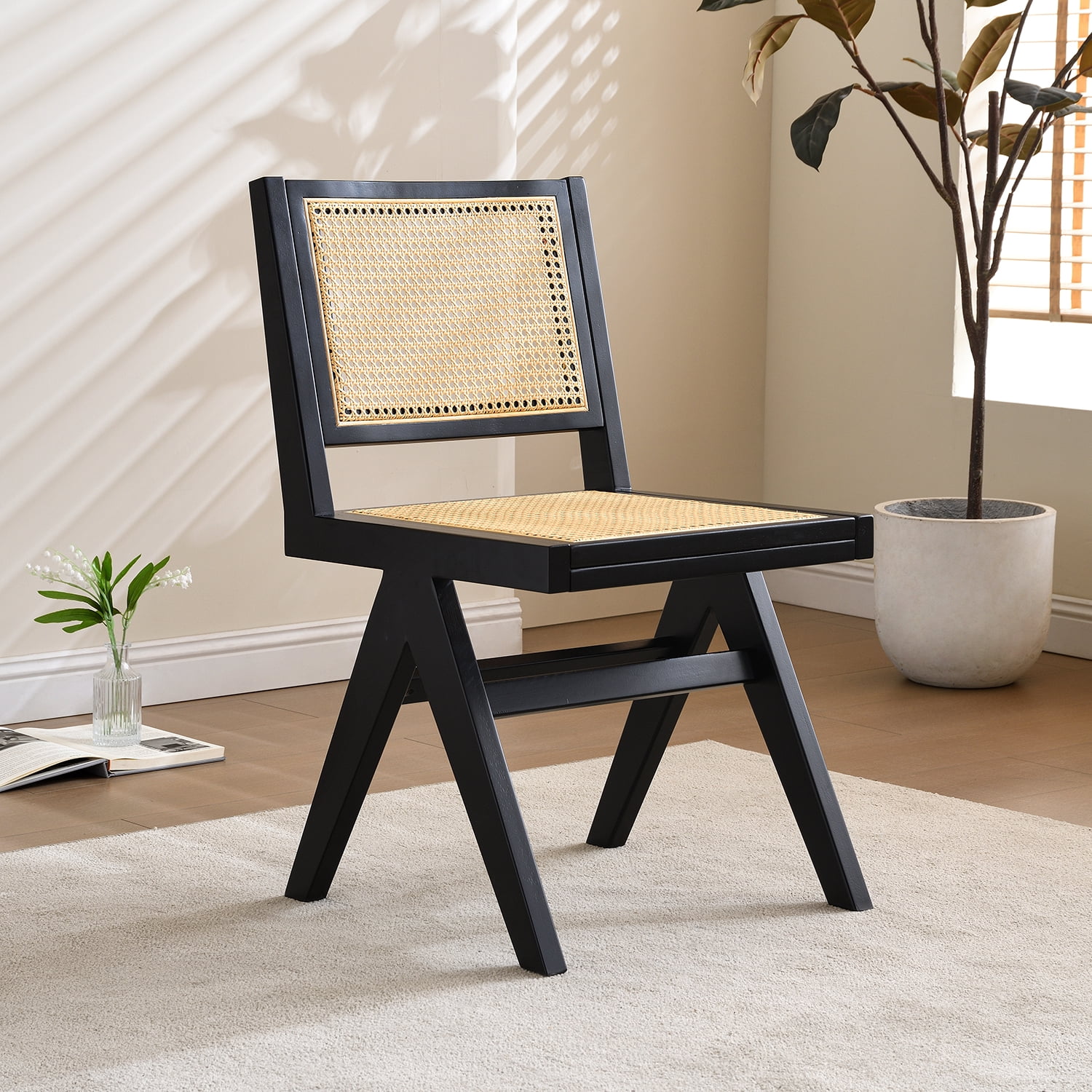 AmpelioD??cor Vintage Solid Wood Rattan Chair, For Dining Room, living Room, Outdoor, Black ...