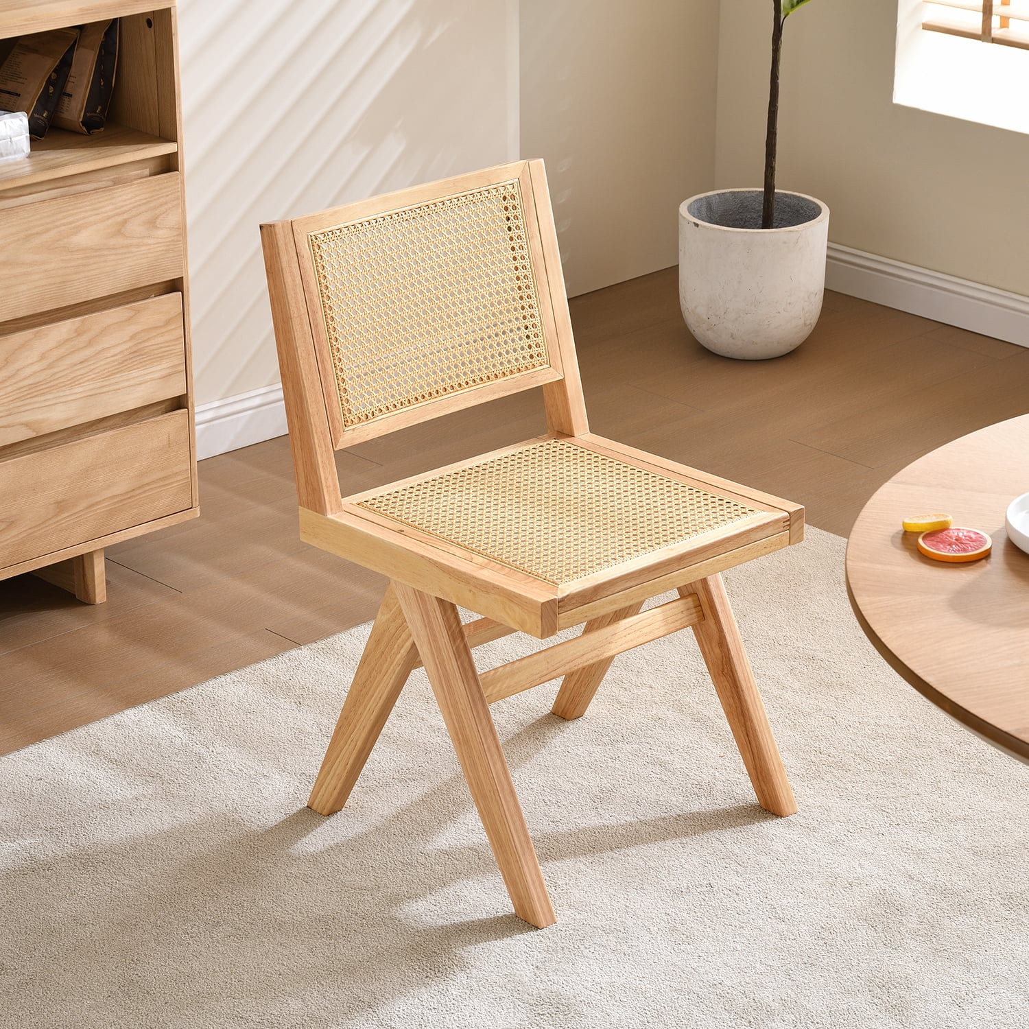 AmpelioDécor Vintage Solid Wood Rattan Chair, For Dining Room, living Room, Outdoor, Natural ...