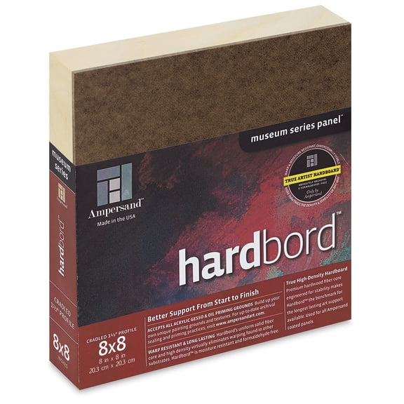 Ampersand Art Supply Hardboard Wood Painting Panel: Museum Series Hardbord, 8" x 8", 1-1/2 Inch Cradled Profile