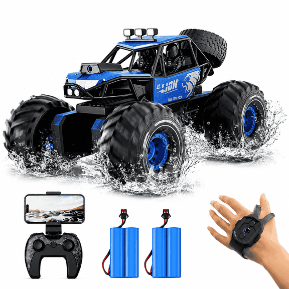 Amphibious RC Car with HD Camera, 4WD Off-Road Remote Control Monster Truck, IP7 Waterproof, Gesture Sensing Wristband & 2.4GHz Controller, 45° Climbing, 2 Batteries for 50 Min Play