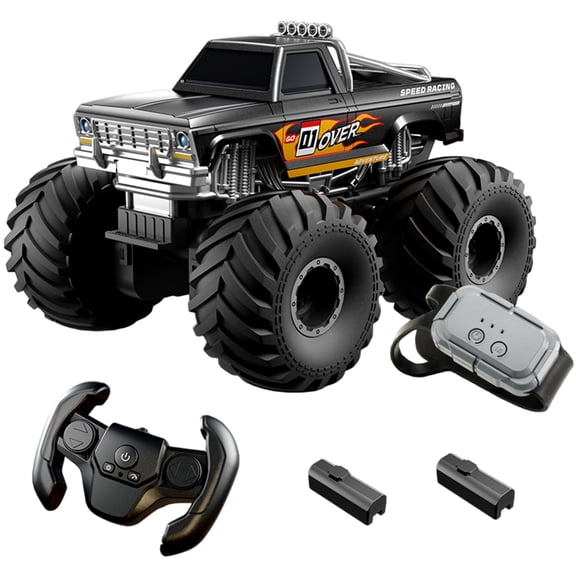 Amphibious RC Monster Truck - 4WD Waterproof Stunt Car with Extra Battery & Dual Control (Watch + Remote), 360° Rotation, High/Low Speed, All-Terrain Toy for Boys Girls 8-12
