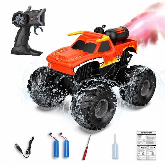 Amphibious RC Monster Truck with Water Spray, Bull Head Remote Control Car with 2 Rechargeable Batteries, 360° Spins, Lights, All Terrain Toy for Kids Boys