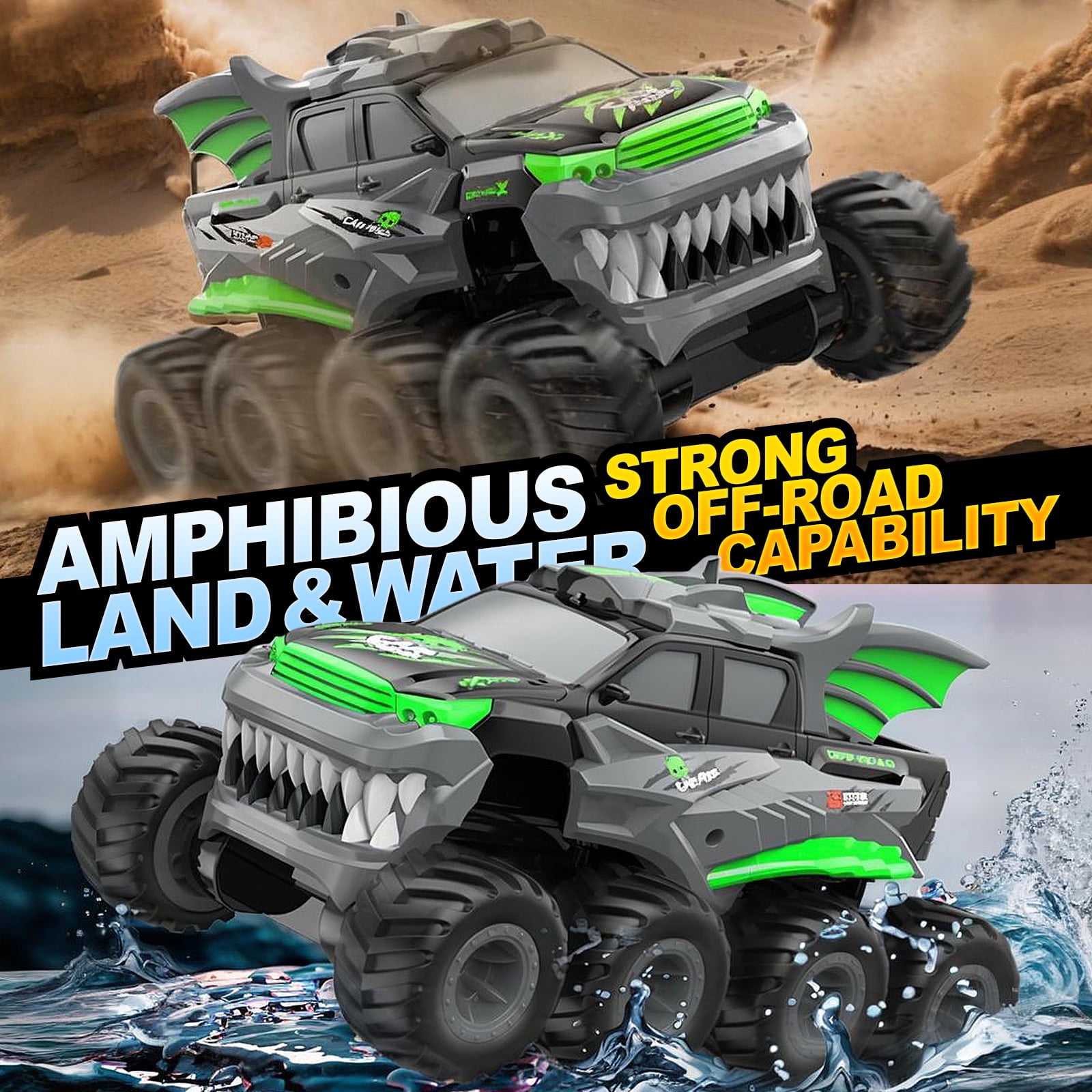 Amphibious RC Monster Trucks 8WD with 2 Rechargeable Batteries 8 Wheels ...