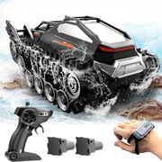 Amphibious RC Tank for Kids - All-Terrain Tracked Remote Control Car with 2 Batteries, Dual Controllers Handheld & Watch, 2.4G High Speed Off-Road Armored Vehicle, Drives on Land & Water