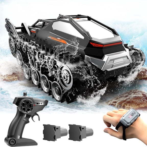 Amphibious RC Tank for Kids - All-Terrain Tracked Remote Control Car with 2 Batteries, Dual Controllers (Handheld & Watch), 2.4G High Speed Off-Road Armored Vehicle, Drives on Land & Water
