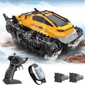 Amphibious RC Tank for Kids - All-Terrain Tracked Remote Control Car with 2 Batteries, Dual Controllers (Handheld & Watch), 2.4G High Speed Off-Road Armored Vehicle, Drives on Land & Water