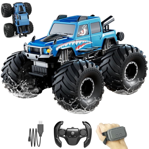 Amphibious Remote Control Car, 2.4GHz All-Terrain Off-Road Pickup Toy,Waterproof 360° Rotating 4WD RC Monster Trucks,  RC Car Pool Toys Remote Control Boat—Gifts for Boys Aged 8–12 (Blue)