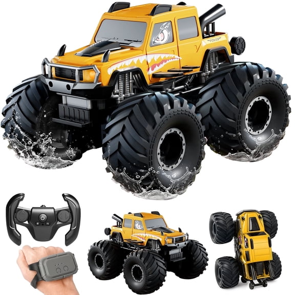 Amphibious Remote Control Car, 2.4GHz All-Terrain Off-Road Pickup Toy,Waterproof 360° Rotating 4WD RC Monster Trucks, RC Car Pool Toys Remote Control Boat—Gifts for Boys Aged 8–12+(Yellow)