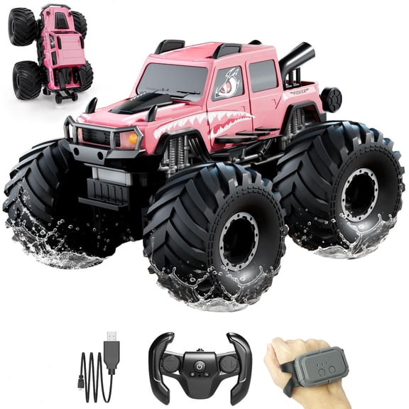 Amphibious Remote Control Car, 2.4GHz All-Terrain Off-Road Pickup Toy,Waterproof 360° Rotating 4WD RC Monster Trucks, RC Car Pool Toys Remote Control Boat—Gifts for Boys Aged 8–12+(Pink)