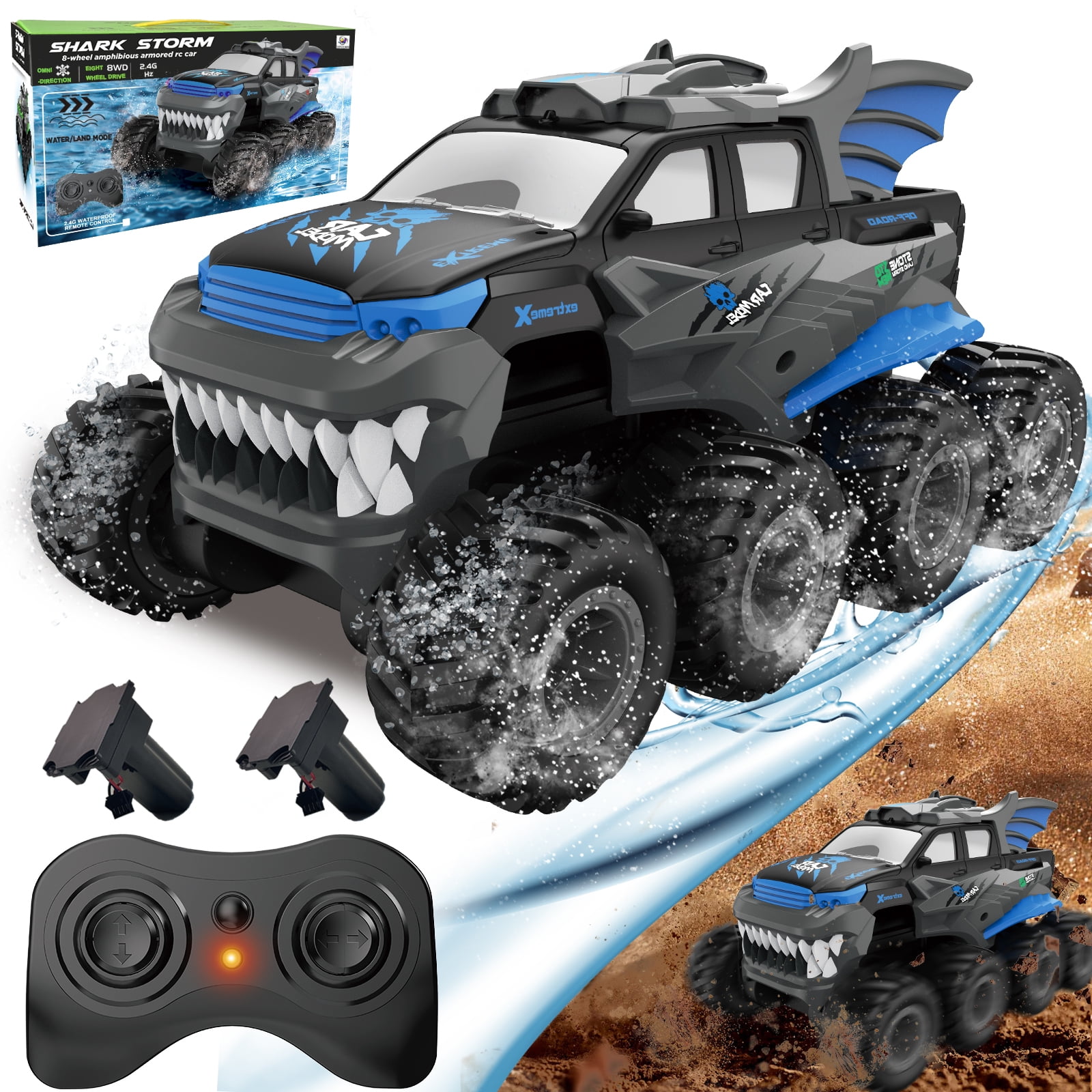 Amphibious Remote Control Car with 2  Rechargeable Batteries, 8WD RC Cars for Boys Age 8-12, Offroad Waterproof RC Monster Truck, 2.4GHz All Terrain RC Drift Cars Beach Pool Toys Gifts for Kids Blue