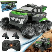 Amphibious Remote Control Car 8WD RC Monster Truck with 2 Rechargeable Batteries for Boys Age 8-12 Offroad Waterproof RC Pickup 2.4GHz All Terrain RC Drift Cars Beach Pool Toys Gifts for Kids Green