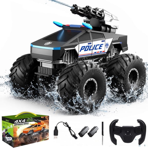 Amphibious Remote Control Car – 4WD Waterproof RC Truck with Water Cannon Shooting, Dual Control (Steering Wheel & Watch), 2 Rechargeable Batteries, All-Terrain Off-Road Climbing Toy