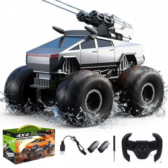 Amphibious Remote Control Car – 4WD Waterproof RC Truck with Water Cannon Shooting, Dual Control (Steering Wheel & Watch), 2 Rechargeable Batteries, All-Terrain Off-Road Climbing Toy