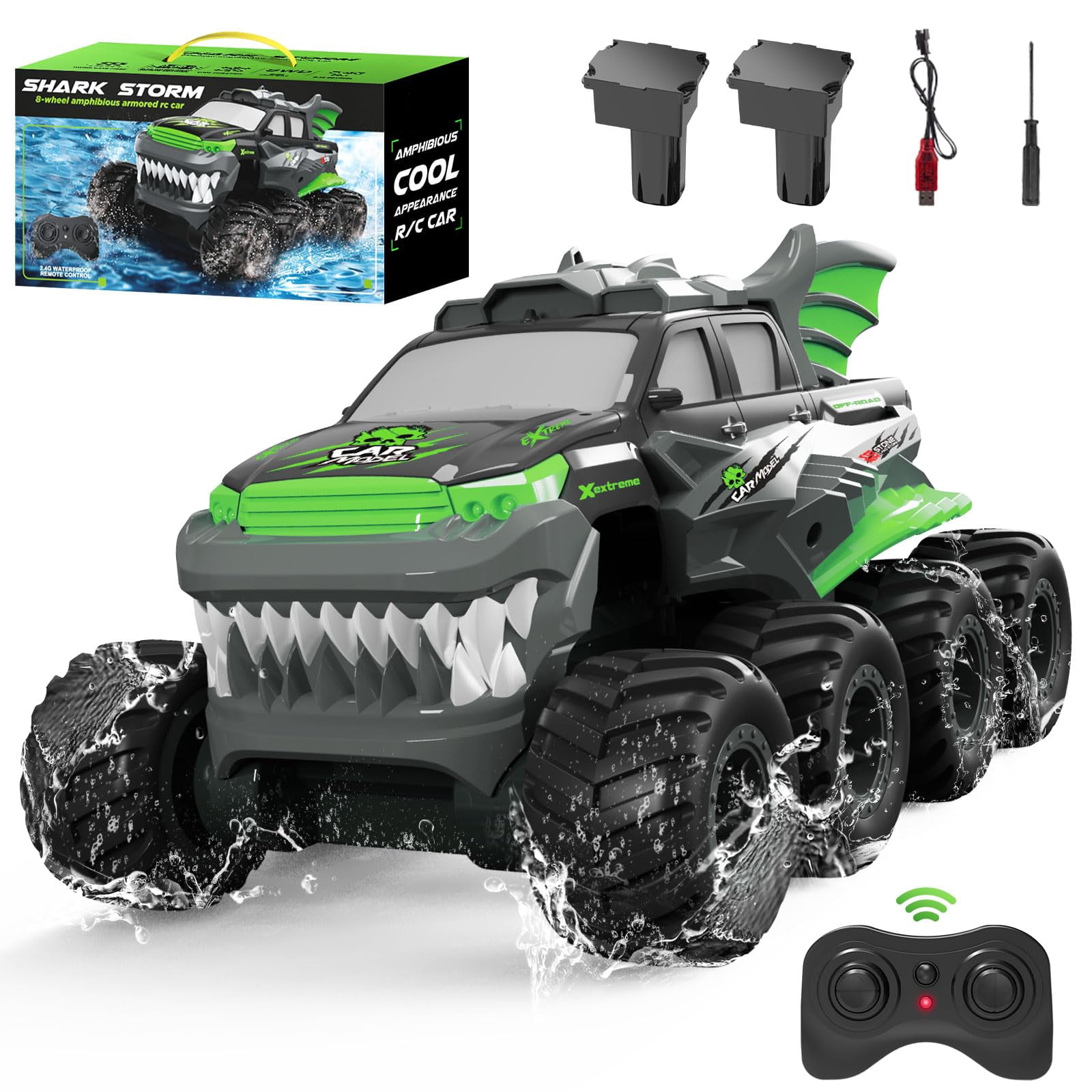 Amphibious Remote Control Car 8WD RC Monster Truck with 2 Rechargeable Batteries for Boys Age 8-12 Offroad Waterproof RC Pickup All Terrain RC Drift Cars Beach Pool Toys Gifts for Kids