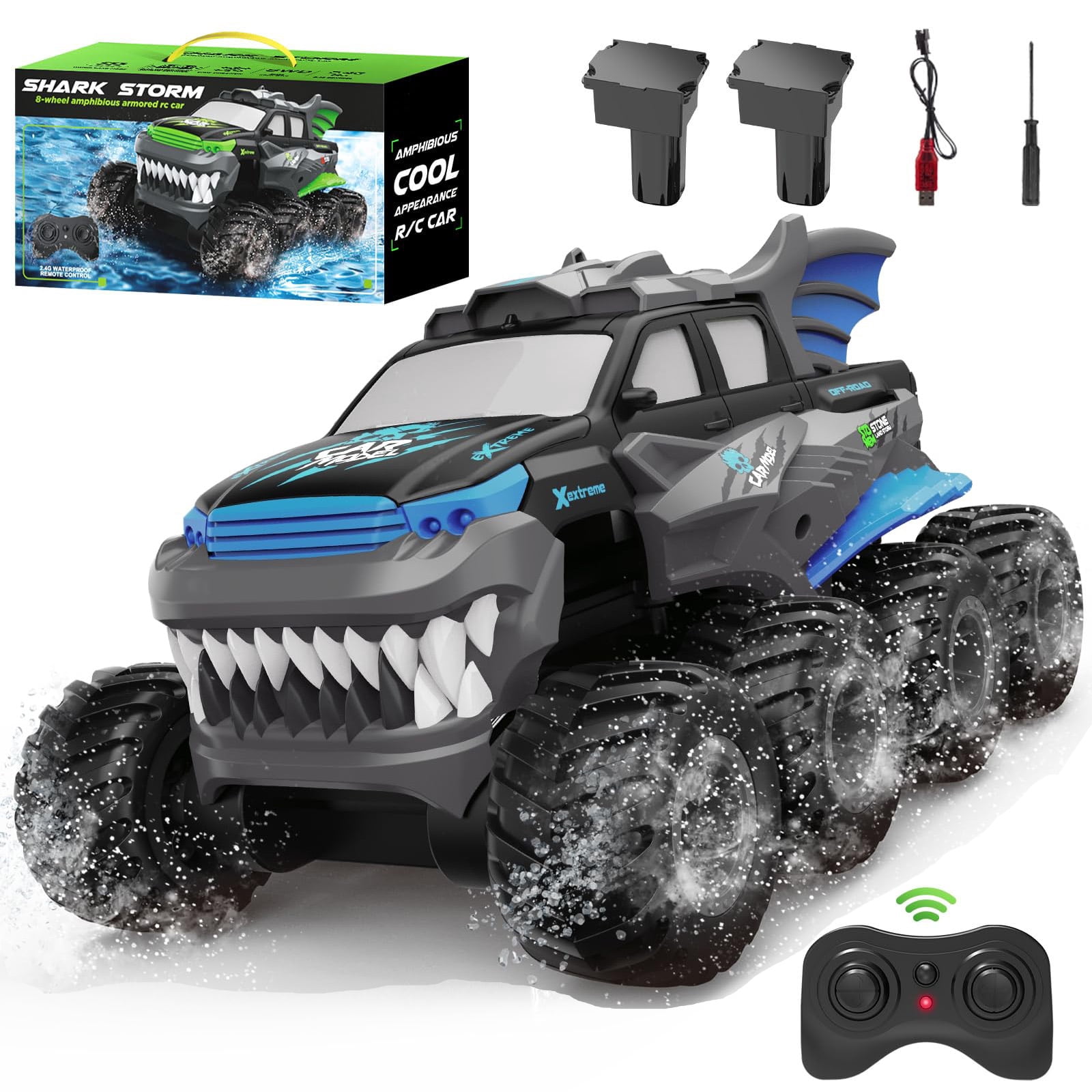 Amphibious Remote Control Car 8WD RC Monster Truck with 2 Rechargeable Batteries for Boys Age 8-12 Offroad Waterproof RC Pickup All Terrain RC Drift Cars Beach Pool Toys Gifts for Kids