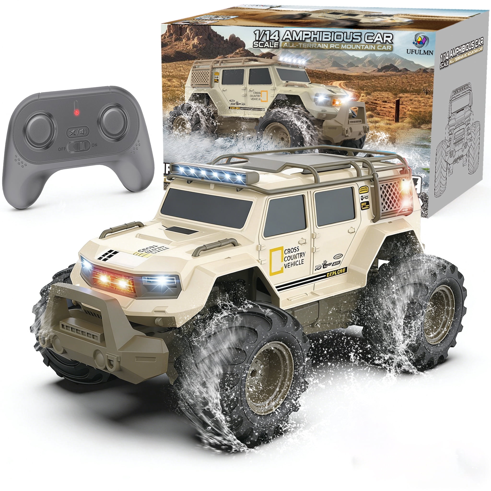 Amphibious Remote Control Car 1:14 with 2  Rechargeable Batteries, 4WD Electric Vehicle for Boys Age 8-12, Offroad Waterproof RC Truck, 2.4GHz All Terrain RC Drift Cars Beach Pool Toys Gifts for Kids