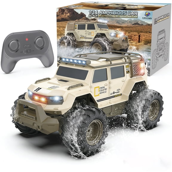 Amphibious Remote Control Car 1:14 with 2 Rechargeable Batteries, 4WD Electric Vehicle for Boys Age 8-12, Offroad Waterproof RC Truck, 2.4GHz All Terrain RC Drift Cars Beach Pool Toys Gifts for Kids