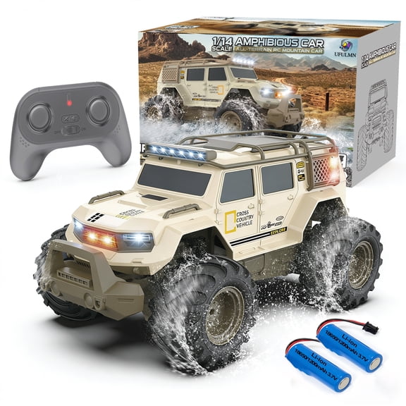 Amphibious Remote Control Car 1:14 with 2 Rechargeable Batteries, 4WD Electric Vehicle for Boys Age 8-12, Offroad Waterproof RC Truck, 2.4GHz All Terrain RC Drift Cars Beach Pool Toys Gifts for Kids