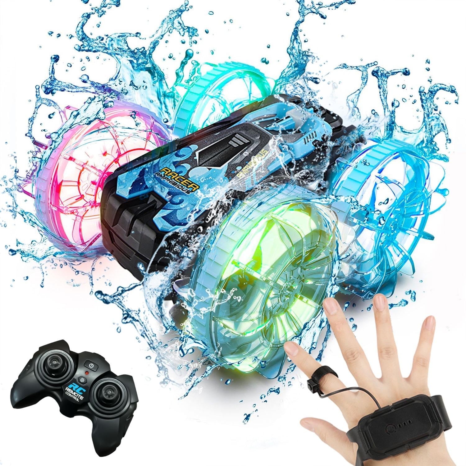 Amphibious Remote Control Cars Toys, Amphibious Waterproof 4WD RC Stunt Car Toys for Kids, 2.4 GHz 360° Rotating RC Drift Cars with LED Light, Toy Cars Gifts for 3-12 Year Old Boys Girls,Blue