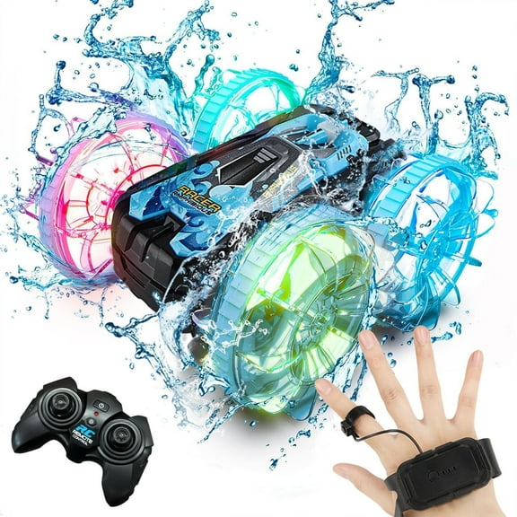 Amphibious Remote Control Cars Toys, Amphibious Waterproof 4WD RC Stunt Car Toys for Kids, 2.4 GHz 360° Rotating RC Drift Cars with LED Light, Toy Cars Gifts for 3-12 Year Old Boys Girls,Blue