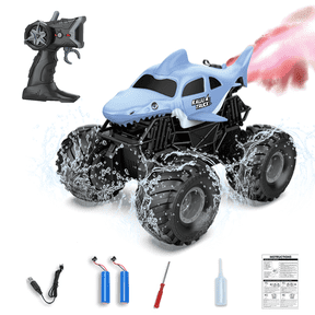 Amphibious Shark RC Car with Water Spray, Remote Control Monster Truck with 2 Rechargeable Batteries, 360° Spins, LED Lights, All Terrain Toy for Kids