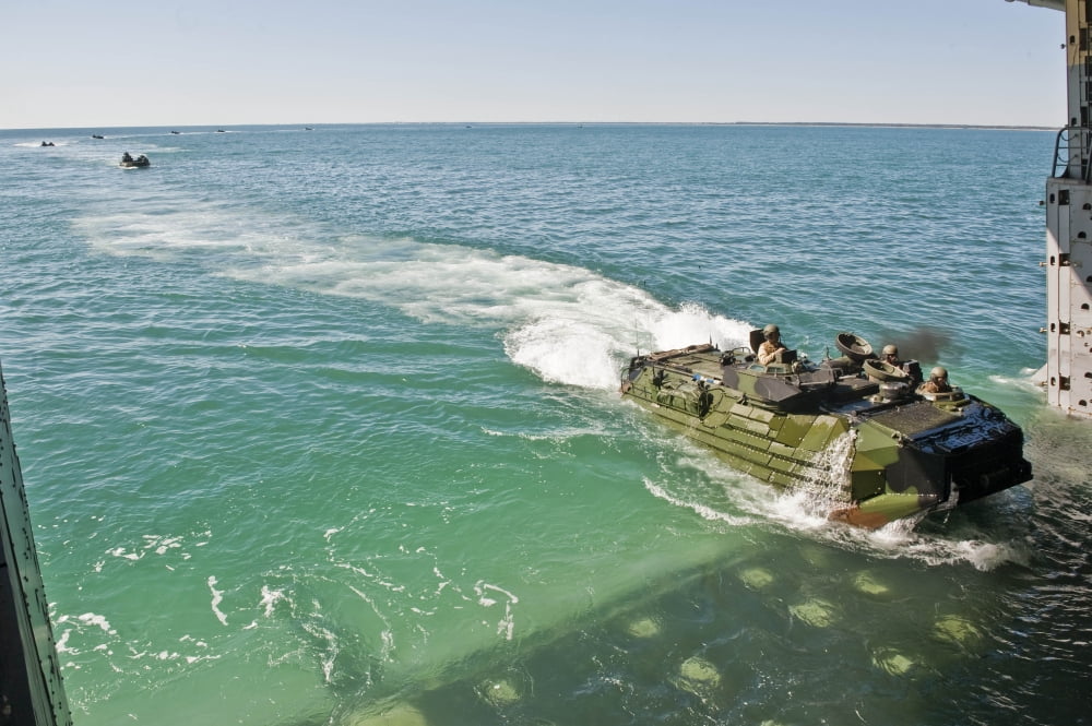 Amphibious assault vehicles enter the well deck of USS New York Canvas Art - Stocktrek Images (35 x 23)